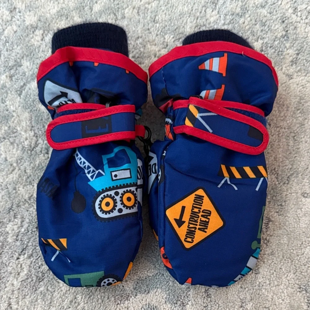 Kids Construction Print Mittens - Blue and Red